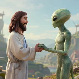 jesus shakes hands with an alien, digital art, art station, octane render, 4 k, high quality, high details,