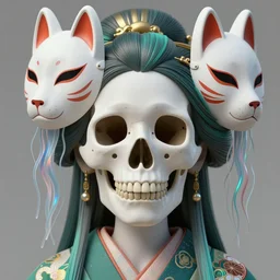 3 d close - up minimalist coheren symmetrical goddess skull liminal human skull, jellyfish, beautiful detailed japanese crow kitsune mask and classical japanese kimono highly detailed. iridescent accents. by wlop, tooth wu, greg rutkowski, alena aenami, beeple, octane render, ray tracing. teal and gold