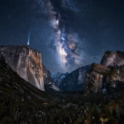 beautiful hd digital photo from yosemite valley at night with milky way and comet nikon wide angle canon long exposure