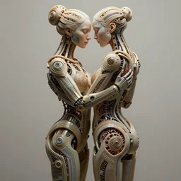 photorealistic gorgeous symmetrical female cyborg, holding intimately, highly detailed, arms, knees, back, intricate, filigree, in the style of beth cavener, jin kagetsu, wlop, masterpiece, concept art, high key lighting, ambient lighting, octane render, 8 k, artstation