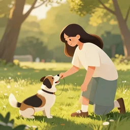 stylized digital art of a girl playing with a dog, in a park, golden hour, aesthetic, detailed