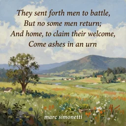 awe-inspiring marc simonetti landscape digital painting of the quote They sent forth men to battle, But no such men return; And home, to claim their welcome, Come ashes in an urn