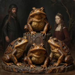 carved wooden toads of ancient tribal potency. a surrealist objet trouve by dave dorman hieronymus bosch, cyril rolando, esher and natalie shau, whimsical, profound, impossible, dark, atmospheric, brooding, digital painting, intricate.
