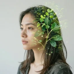 a portrait of a woman double exposure of photosynthesis