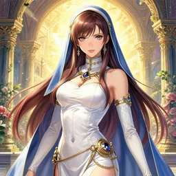 the portrait of neutral good colorful female cleric bard as absurdly beautiful, gorgeous, elegant, skinny young gravure idol, an ultrafine hyperdetailed illustration by kim jung gi, irakli nadar, intricate linework, super sharp focus, bright colors, octopath traveler, final fantasy, unreal engine 5 highly rendered, global illumination, radiant light, detailed and intricate environment