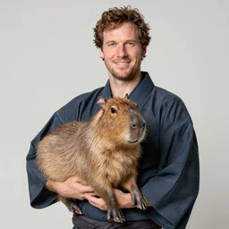 Jordan Peterson wearing a kimono holding a capybara