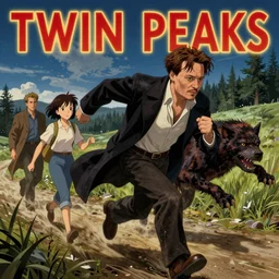 Twin Peaks poster artwork by Michael Whelan and Tomer Hanuka, Karol Bak, Rendering of Johnny Depp being chased by something, from scene from Twin Peaks, full of details, by Makoto Shinkai and thomas kinkade, Matte painting, trending on artstation and unreal engine