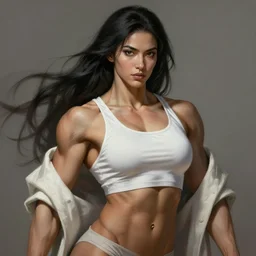 painted realist portrait of a beautiful female bodybuilder wearing a white tank top by ruan jia greg rutkowski, [ long black hair ] clear face majestic muscular physique beautiful powerful handsome robe fantasy intricate elegant detailed digital painting concept art artstation sharp focus illustration