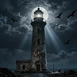 dream Detailed Exterior Shot of Stormy Nightmare Horror Film Evil Stormy Lighthouse of Alexandria, light of hell, moonlight shafts, flock of birds, atmosphere, in Style of Peter Mohrbacher, cinematic lighting