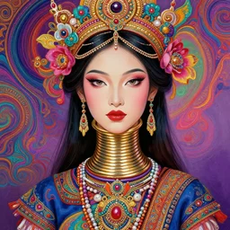 portrait of catriona balfe, hyper detailed ultra sharp kayan people ( myanmar ) long - neck woman. trending on artstation, warpaint aesthetic, colorful, psychedelic, ornate, intricate, digital painting, concept art, smooth, sharp focus, illustration, art by artgerm and greg rutkowski and h. r. giger, 8 k