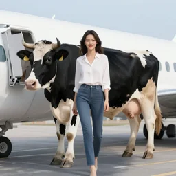 modern day dressed beautiful holstein minotaur boarding an airplane