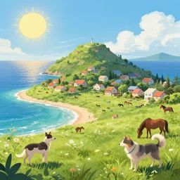 i dream about a beatifull island wiht a lot of sun and sea, that contains differend animals like dogs and cats and horses, containst houses and grass