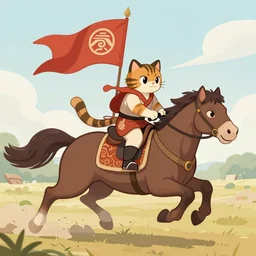 a small warrior cat carrying his battle flag while riding a large cat steed that is galloping into battle