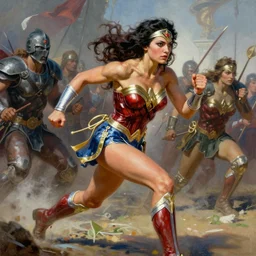 ultra realistic portrait painting of wonder woman running into battle, art by frank frazetta, 4 k, ultra realistic, highly detailed, epic lighting.