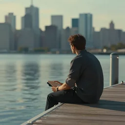 A man sitting on a jetty, city in the background, cinematic lighting, Digital Painting