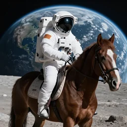 Realistic, 8k, very realistic, Astronaut in a white suit on a brown horse with detailed skin on the moon with the earth in the background