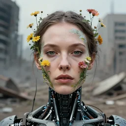 closeup portrait of a cyborg woman with flowers growing out of her face, standing in a desolate apocalyptic city, by Annie Leibovitz and Steve McCurry, natural light, detailed face, CANON Eos C300, ƒ1.8, 35mm, 8K, medium-format print