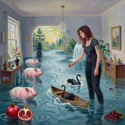 tall female emo vegan socialist artist in their flooded apartment, painting of flood waters inside an artist's home, a river flooding indoors, pomegranates, pigs, ikebana, zen, water, octopus, river, rapids, waterfall, black swans, canoe, berries, acrylic on canvas, surrealist, by magritte and monet