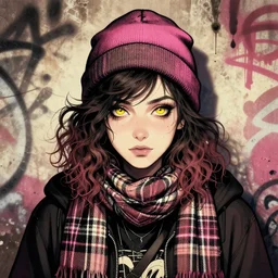 highly detailed portrait of a sewer ( ( emo punk ) ) lady student, beanie, yellow eyes, tartan scarf, curly hair by atey ghailan, by greg rutkowski, by greg tocchini, by james gilleard, by joe fenton, by kaethe butcher, gradient pink, black, brown and cream color scheme, grunge aesthetic!!! graffiti tag wall background