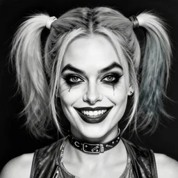 a realism drawing of beautiful margot robbie as harley quinn portrait with joker makeup, in the style of den yakovlev, realistic face, black and white, realism, hyper realistic, highly detailed