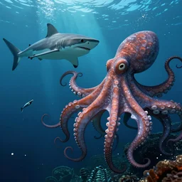 sharks vs giant pacific octopus, deep water, dramatic scene, low angle shot, by greg rutkowski and maciej rebisz, Trending on artstation