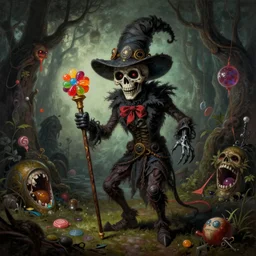 grim-hatter, skull cane, candy eerie color, voodoo ritual, matte painting art from goya and pirner