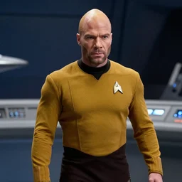 muscular captain Picard in starfleet uniform on the bridge of the USS Enterprise