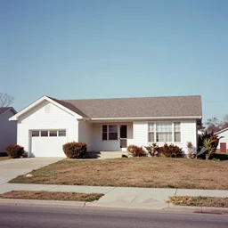 1 9 6 7 washed out kodachrome photo of an ordinary 1 9 6 7 suburban ranch house, garage, bushes