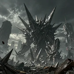 giant thick Spikes erupt angular out of the ground in a gothic medieval cyberpunk city, debris flying around, the feeling of grimdark terror and pain, high quality, detailed, 8k, unreal engine, octane render, trending on artstation