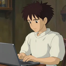 guy with black hair using a laptop, tan skin, looking down, art by hayao miyazaki, studio ghibli film