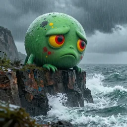 the pain is splattered on the sad monster's green face on a rainy day with stormy waves crashing against a cliff, red and yellow eyes, fantasy, unreal engine