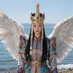 portrait of a beautiful asian mongolian princess goddess spreading its wings, portrait of princess wearing a beautiful ornate crown, in the background lake baikal is seen, in the art style of bagshaw tom artgerm and bowater, charlie, by bagshaw tom, artgerm and bowater, charlie - - height 6 4 0