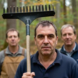 closeup portrait of a cleaner with a huge rake in a fall forest, sports photography, by Neil Leifer and Steve McCurry and David Lazar, natural light, detailed face, CANON Eos C300, ƒ1.8, 35mm, 8K, medium-format print