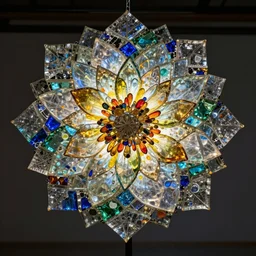 mesmerizing light installation made of colored glass shards by chris wood, depicting a flower, detailed 4 k photo