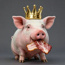studio photograph of a pig wearing a gold crown eating bacon depicted as a muppet