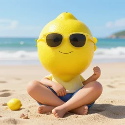 epic portrait an lemon wearing sunglasses sitting on the beach, ocean backround, sunny, sand, 1 6 k, unreal engine.