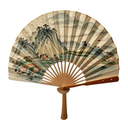 retro hand fan, high detail macro photography, isolated on a pure white background, centered, entire object in frame, sharp focus, soft studio lighting