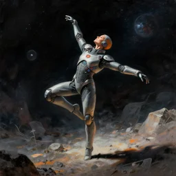 apricot dancing in space in a cyberpunk suit drawn by jon burgerman