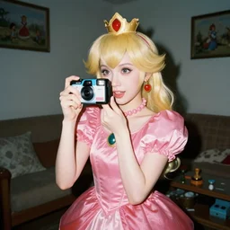 a funny unexpected photo made with a disposable camera of a real life Princess Peach having fun in my livingroom, in color