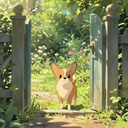 A chihuahua looks through her garden gate, cel shaded cartoon in the style of studio Ghibli, sunny morning, cinematic lighting, summer
