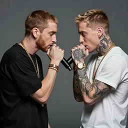 eminem and xxxtentacion rap battling in real life, 8 k, 4 k uhd, realistic, hyper realistic, super detailed, very detailed, detailed