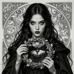 gothic witch maiden holding a wreath and wearing a cloak, long beautiful strands of black hair, engraving, concept art, elden ring, illustration, smooth, sharp focus, by gustave dore and greg rutkowski, hyper realistic face, piercing beautiful eyes, fantasy art, in the style of midjourney, intricate, alphonse mucha, hyper detailed