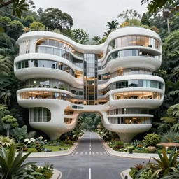 highly detailed futuristic architecture by Le Corbusier, floating buildings, reflective lighting, empty streetscapes, surrounded by lush green vegetation, ground-level view, puddles of water, stunning volumetric lighting, sunset, trending on Artstation, 8k, photorealistic, ray tracing, hyper detailed, unreal engine 5, cinematic, epic lighting, cryengine, octane render, cyberpunk, red and orange glow, vibrant