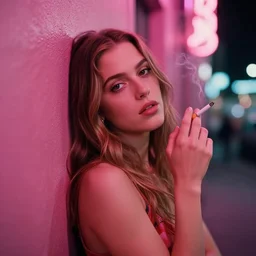close portrait of mila kunis looking into the camera leaning back against a wall smoking a cigarette, pink neon street, 1 9 7 0 s, intricate, moody, personal, highly detailed, short focus depth, donato giancola, joseph christian leyendecker, frank frazetta, alex horley, ralph horsley, michael whelan