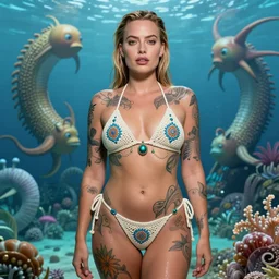 margot robbie portrait posing in a magical crochet bikini in front of atlantis, tattooed body, full body shot, wet boody, highly detailed realistic face, highly detailed eyes, fantasy art, in the style of greg rutkowski, illustration, epic, fantasy, intricate, hyper detailed, artstation, concept art, smooth, sharp focus, ray tracing, vibrant, photorealistic