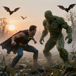 Marvel Comics Man Thing Battles DC Comics Swamp Thing In A Misty Swamp, bats, sunset, volumetric lighting, hyperrealistic, beautiful details, HDR, octane render, action shot, wide angle, bokeh, Yasushi Niarasawa Moebius Jim Steranko Style