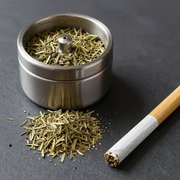 photograph of an herb grinder on a table. next to the herb grinder we see a pile of ground oregano and a hand rolled cigarette
