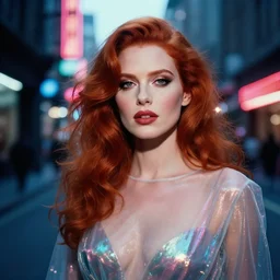 A hyper realistic and detailed head portrait photography of a statuesque redhead wearing a translucent iridescent shimmering dress on a futuristic street. by Annie Leibovitz. Neo noir style. Cinematic. neon lights glow in the background. Cinestill 800T film. Lens flare. Helios 44m