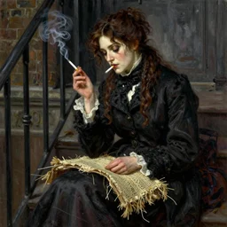 character portrait of a rugged samara weaving sitting down on a fire escape smoking a cigarette in gothic london, gothic, john singer sargent, muted colors, moody colors, illustration, digital illustration, amazing values, art by j. c. leyendecker, joseph christian leyendecker, william - adolphe bouguerea, graphic style, dramatic lighting, gothic lighting