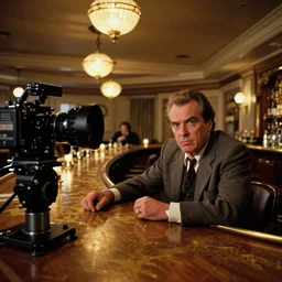 photorealistic ultra wide cinematography of the character jack torrance played by jack nicholson from stanley kubrick's 1 9 8 0 film the shining sitting at the overlook hotel's gold ballroom bar starring right at the camera shot on 3 5 mm eastman 5 2 4 7 film by the shining cinematographer john alcott shot on a wide kinoptik tegea 9. 8 mm lens.